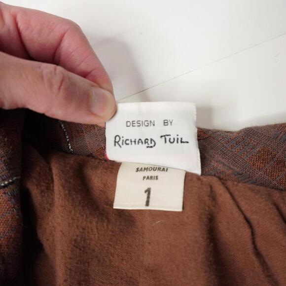 Vintage 80s French Designer Brown Blazer Jacket Plaid Dramatic Academia Punk XL - Picture 4 of 11